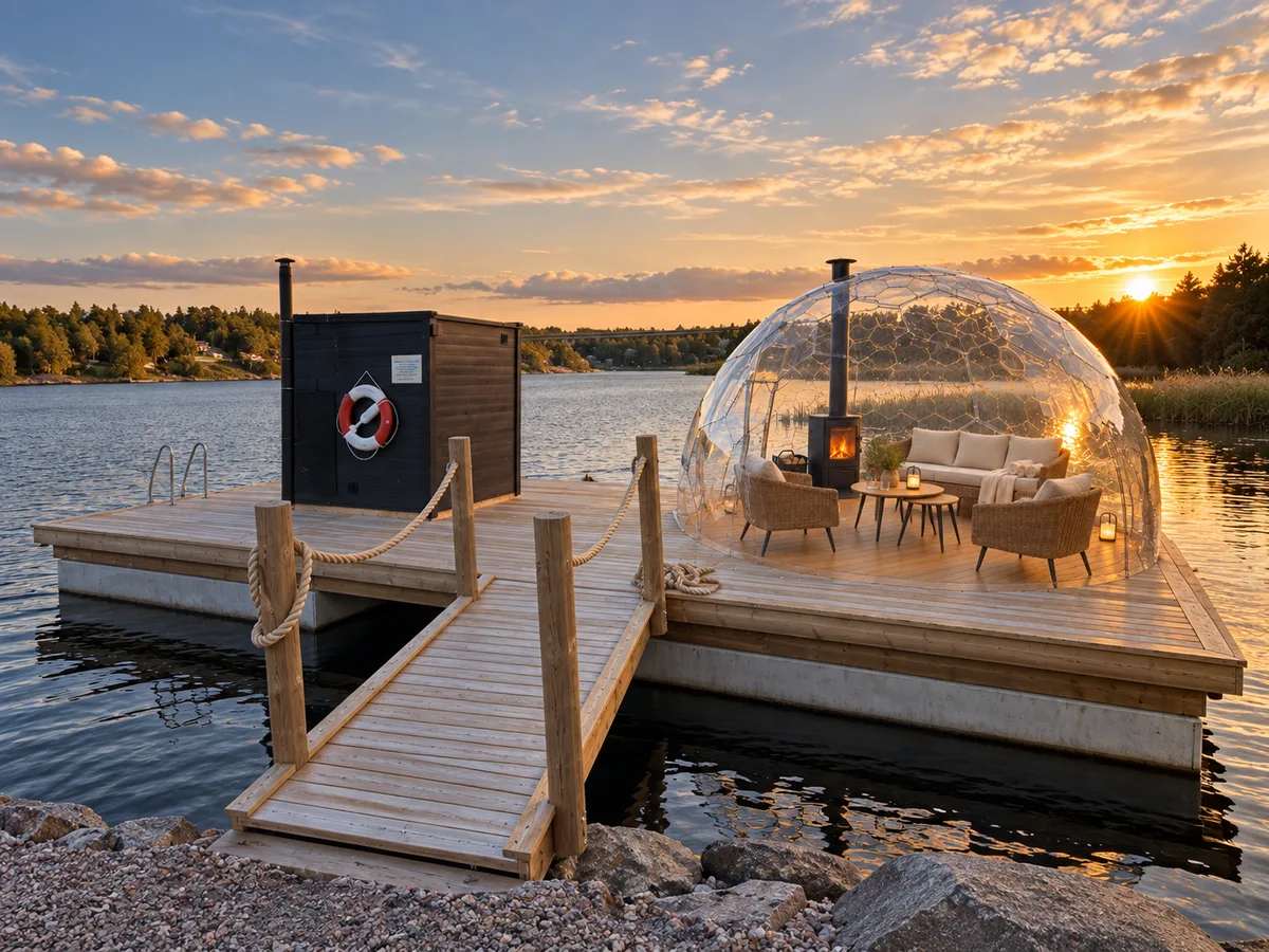 Bastuflotten och dess inglasade lounge i kvällsljus vid Väddöviken.